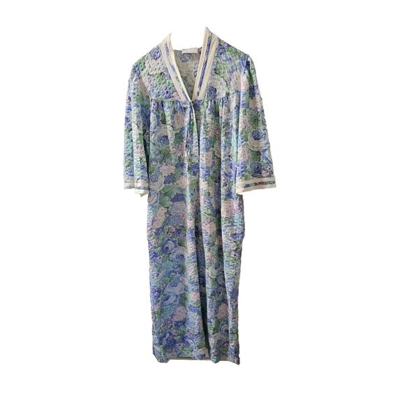 VTG MISS ELAINE Blue Floral ROBE Housecoat Dress Snap Front Terry Collar Med Lrg - Picture 1 of 4